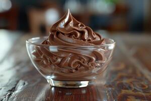 A glass bowl filled with chocolate whipped cream photo