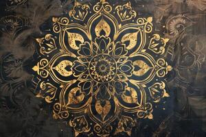 Golden mandala on black background photo