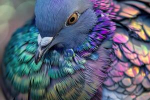 A close up of a colorful bird with a colorful feather photo