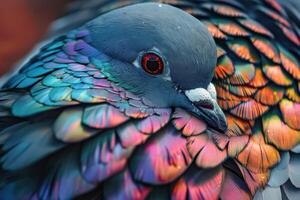 A close up of a colorful bird with a colorful feather photo