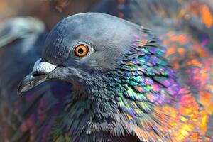 A close up of a pigeon with colorful feathers photo