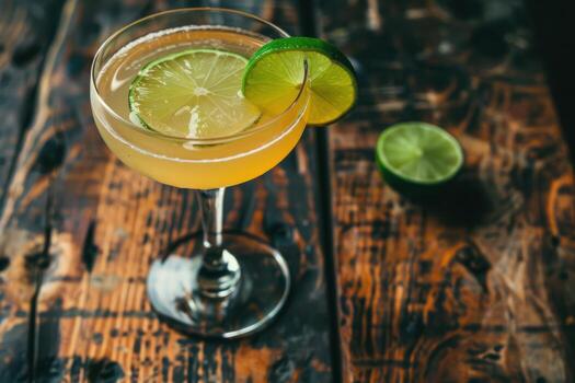 A glass of drink with lime and a slice of lime photo