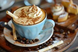 A coffee cup with whipped cream and cinnamon sticks photo