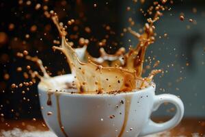 A cup of coffee with a splash of liquid photo