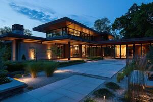 Modern house with outdoor lighting and landscaping photo