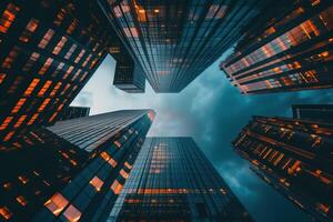 Tall buildings with windows and lights in the sky photo