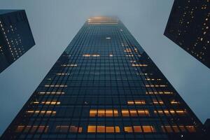 Tall buildings in the city at night with lights on photo