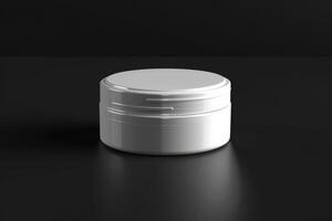 A white jar with a lid on a black surface photo