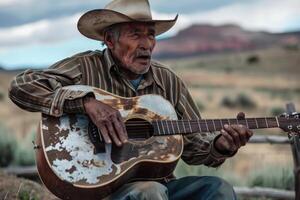 An old man playing an acoustic guitar in the desert photo