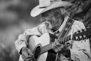 An old man playing the guitar in black and white photo