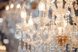 A chandelier with crystal lights and a light bulb photo