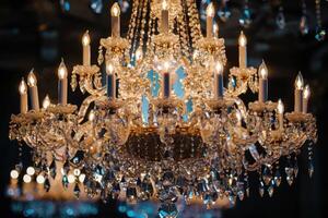A chandelier with many candles and crystals photo