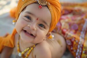 A smiling baby in an orange turban photo