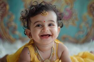 A baby in a yellow dress smiling photo