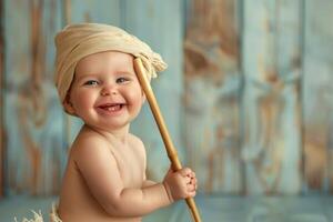 A baby in a towel holding a stick photo