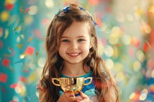 A little girl holding a trophy in front of confetti photo