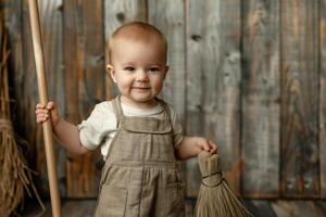A baby in overalls holding a broom photo