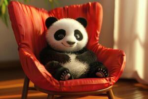 A panda bear sitting in a red chair photo