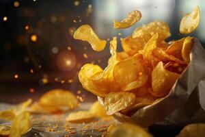 A bag of potato chips falling into the air photo