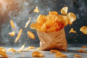 Potato chips in paper bag on dark background photo