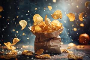 Potato chips falling from paper bag on dark background photo
