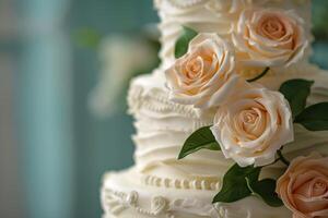 A close up of a wedding cake with roses photo