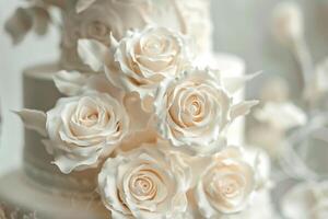 A close up of a white wedding cake with roses photo