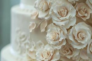 A close up of a white wedding cake with white roses photo