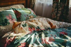 A bed with a floral print comforter and pillows photo