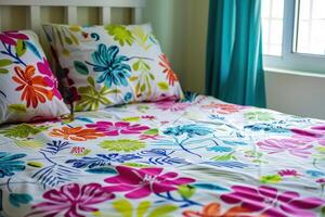 A bed with a colorful floral pattern photo