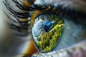 A close up of a person's eye with a green reflection photo