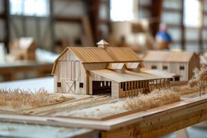 A model of a barn and a man working on it photo