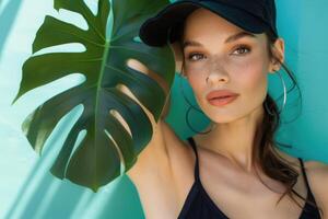 Beautiful woman in black hat and black swimsuit holding a monstera plant photo