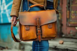 A woman is carrying a brown leather bag photo