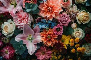 A large variety of flowers are arranged in a circle photo