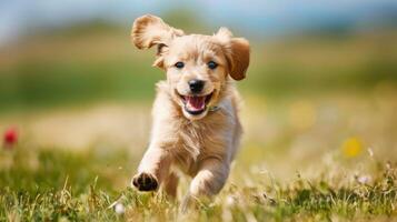A golden retriever puppy running through a field photo