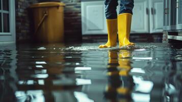 A person standing in a flooded room with yellow rubber boots photo