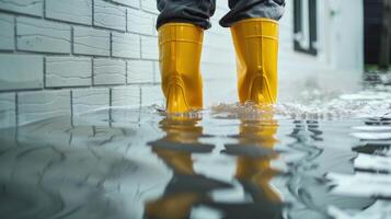 A person wearing yellow rain boots standing in a flooded area photo