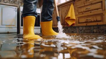 A person in yellow rubber boots standing in a flooded kitchen photo