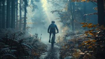 A person riding a bike through a forest photo