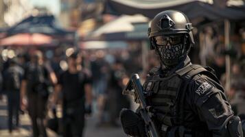 A man in a black mask and helmet standing in front of a crowd photo