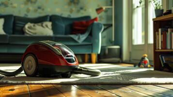 A vacuum cleaner sitting on the floor in front of a couch photo