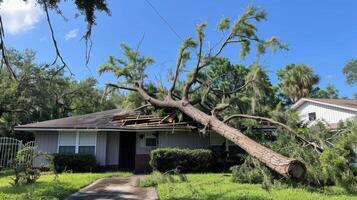 A tree is uprooted from a house in a residential neighborhood photo