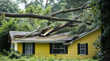 A yellow house with a tree on the roof photo