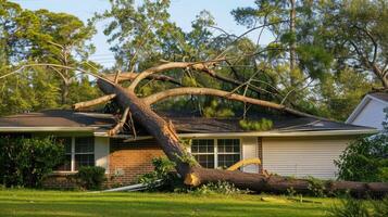 A large tree is uprooted from a house and is leaning on the roof photo