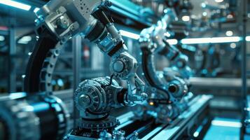 Robots in a factory with blue lights photo