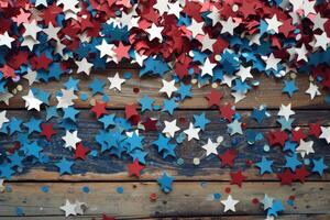 Red, white and blue stars on a wooden background photo