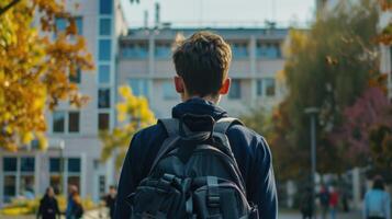 Back view of a young man with backpack walking on a street photo
