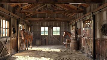 A horse standing in a barn with a wooden floor photo