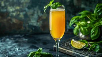 A glass of orange drink with mint leaves on the side photo